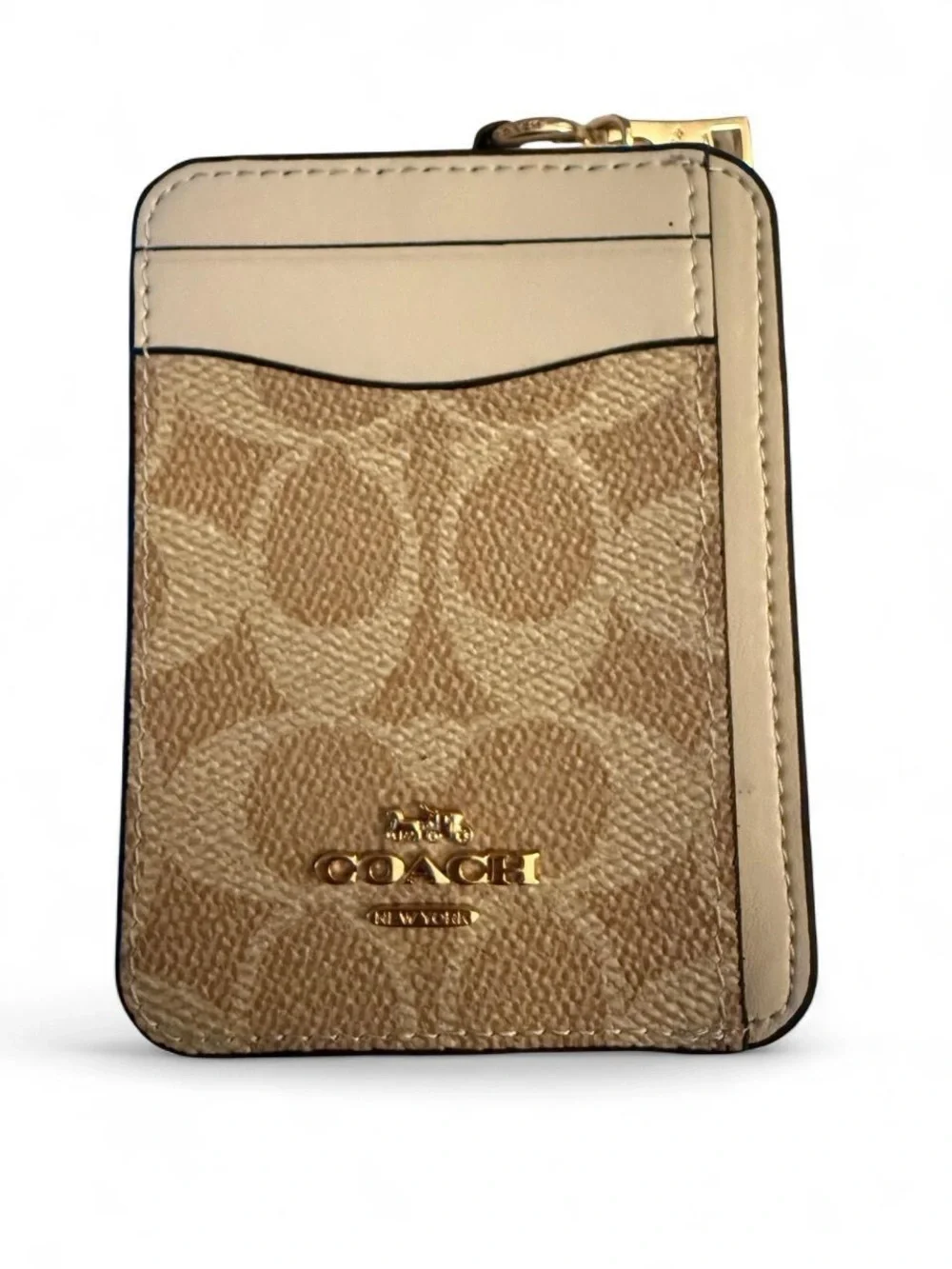 Coach Signature Canvas Card Case in Beige and Cream with Gold Logo